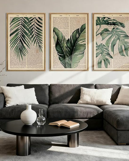 ANHUIB Large Botanical Prints Wall Art Framed Palm Leaf Wall Decor 16x24Inch Vintage Plant Art Prints Green Leaves Paintings Set of 3 for Living Room Bedroom Office