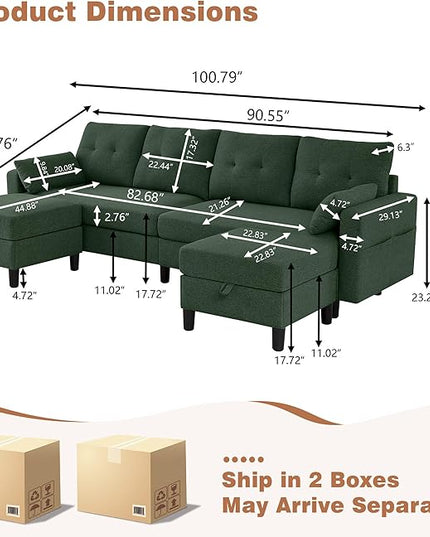 101" Sectional Sofa 4 Seat U Shaped Couch with Storage Ottoman for Living Room, Reception Room ect, Combination Sectional Couch with Movable Ottoman Sets, Green