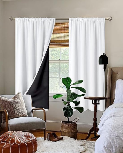 BGment Thermal Insulated 100% Blackout Curtains for Bedroom with Black Liner, Double Layer Full Room Darkening Noise Reducing Rod Pocket Curtain (42 x 63 Inch, Pure White, 2 Panels)