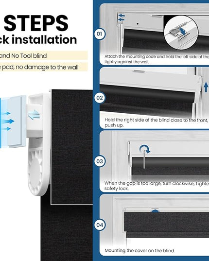 No Drill Motorized Blinds with Remote, Blackout Automatic Blinds with Solar Panel, Cordless Smart Electric Roller Shades for Windows, Black, 48 x 72