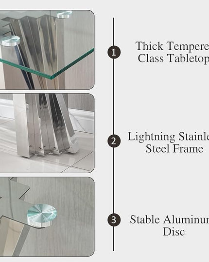 70" Glass Dining Table,Silver Dinner Room Glass Table for 6 8,Modern Kitchen Dinner Table with Stainless Steel Base and Clear Tempered Glass Top for Living Dining Room