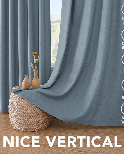 H.VERSAILTEX Linen Blackout Curtains 108 Inches Long 100% Blackout Thermal Insulated Textured Linen Look Curtain Draperies Anti-Rust Grommet, Energy Saving with White Liner, 2 Panels, Stone Blue