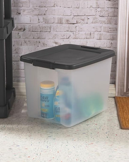 Sterilite 12-Pack 50 Quart ShelfTote, Clear Plastic Storage Organizer Bins with Gray Lids – Stackable Home and Office Containers for Closet or Shelves