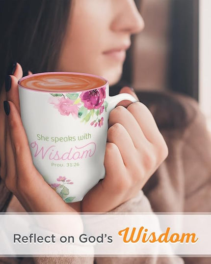 Christian Art Gifts Inspirational Ceramic Coffee & Tea Scripture Mug for Women: She Speaks with Wisdom Bible Verse, Microwave & Dishwasher Safe Drinkware, Multicolor Floral, White & Dark Pink, 12 oz.