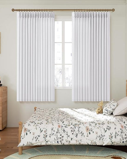 White Pinch Pleated Linen Curtains 63 Inch Length for Kitchen Small Windows, Light Filtering Pleat Privacy Short Curtain Back Tab 2 Panels Off White Memory Trained Bedroom Drapes 40" x 63"