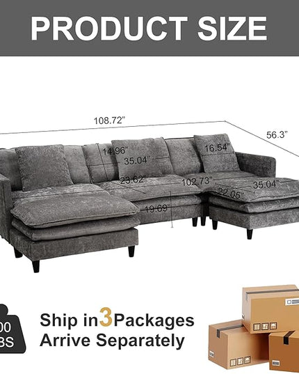 Modular Sectional Sofa, 143.31'' Modern Sofa Sleeper Couch with 3 Seat & 3 Pillows Sofa Set, Comfy Cloud Couches with Movable Ottoman, Deep Seat Couch for Living Room Chenille (Grey, U Shaped)