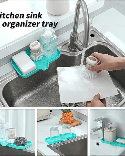 Silicone Bathroom Soap Dishes with Drain Spout-Bathroom and Kitchen Sink Organizer,Sponge Holder,Dish Soap Tray,Perfect for Dispenser,Scrubber,Bottle,Cup on Sink or Counter-Mint 9.6"×5.3"