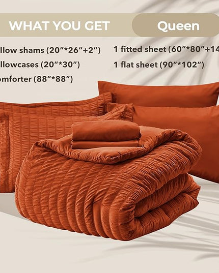 HYMOKEGE Burnt Orange Queen Comforter Set Seersucker 7 Pieces, All Season Luxury Bed in a Bag for Bedroom, Bedding Set with Comforters, Sheets, Pillowcases & Shams