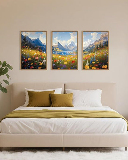 HOURIA Boho Vibrant Watercolor Wildflower & Snowy Mountain Framed Canvas Wall Art Set,Colorful Floral Landscape Decor,Modern Natural Field Scenery Artwork for Living Room,Bedroom,Farmhouse-24 x36 x3