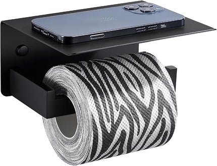 Suyar Toilet Paper Holder with Shelf Matte Black, SUS 304 Stainless Steel Wall Mounted Tissue Holder Phone Shelf for Bathroom