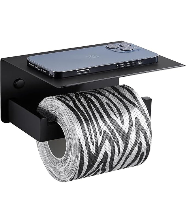 Suyar Toilet Paper Holder with Shelf Matte Black, SUS 304 Stainless Steel Wall Mounted Tissue Holder Phone Shelf for Bathroom