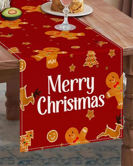 Red Christmas Gingerbread Table Runner 13x72 Inch, Cookie Candy Cane Kitchen Dinning Table Decoration for Home Party Decor