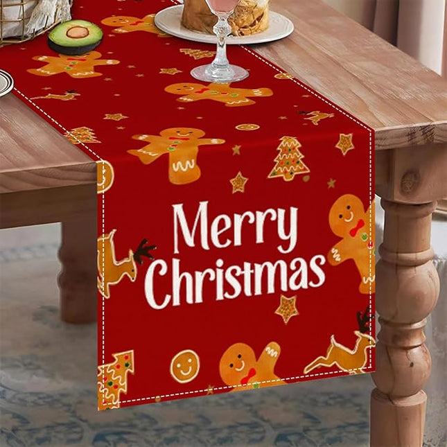 Red Christmas Gingerbread Table Runner 13x72 Inch, Cookie Candy Cane Kitchen Dinning Table Decoration for Home Party Decor