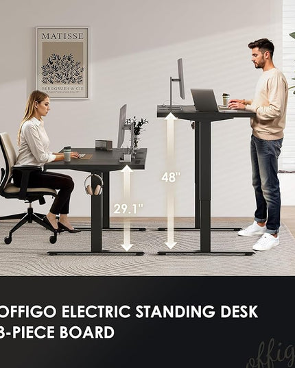 OffiGo Electric Standing Desk with 3-Piece Board, 71 Inch Height Adjustable Large Desk with Power Outlets, Sit Stand Table, Writing Computer Desk for Home, Office, Workstation, Black