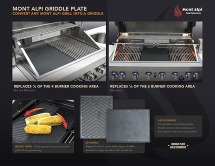 Mont Alpi MAi805-D90BEV L-shaped 6-Burner 115000 BTU Premium Deluxe Modular Stainless Steel Outdoor Kitchen Island BBQ Gas Grill + Beverage Center + Granite Countertops + Grill Cover + Rotisserie Kit