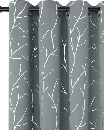 BUHUA Blackout Curtains for Bedroom Livingroom Window Curtains Panels Thermal Insulated Windproof Elegant Tree Branches Silver Print 52W x 54L, Light Grey, 2 Panels