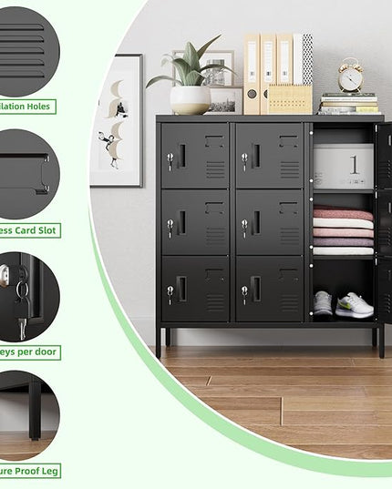 Aobabo 9 Doors Steel Storage Locker Cabinet for Employees, Metal Locker for School Office Gym Bedroom, Industrial Storage, Black, Assembly Required