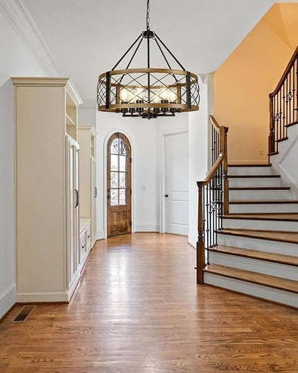 Modern Chandelier for Dining Room, 6-Light Wood Grain Finish Farmhouse Chandelier, 22.5” Rustic Drum Hanging Light Kitchen Island, Round Metal Hanging Light Fixture for Foyer, Entryway, Bedroom