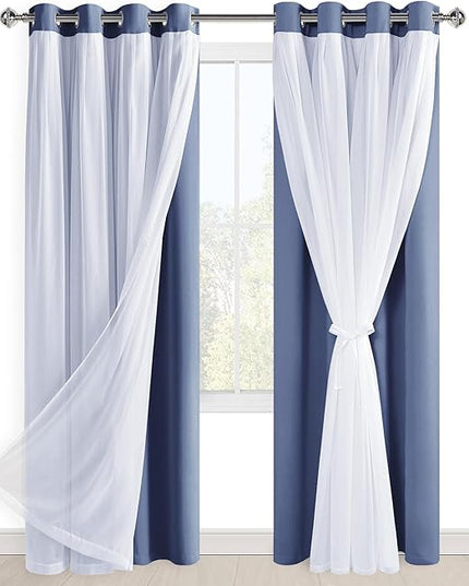 Hiasan Blackout Curtains with Sheer Overlay, Thermal Insulated Mix & Match Double Layer Room Darkening Window Curtains for Bedroom,Living Room,Nursery 2 Panels with Tiebacks (52W X 84L,Blue Haze)