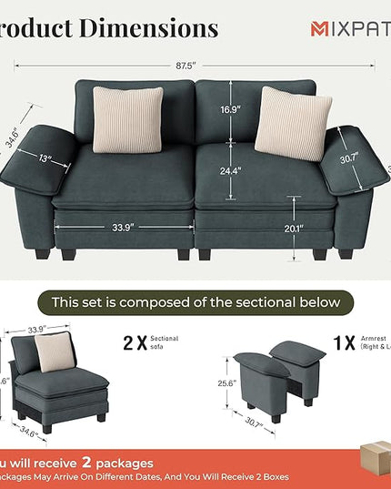 87" Cloud Modular Sectional Loveseat, 2-Seater w/Deep Seat & Removable Arms, Plush Chenille for Small Living Room & Apartment - Cyan