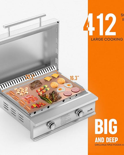 Stanbroil 28-Inch Premium Built-In Liquid Propane Griddle for Outdoor Kitchen Grill, Durable Stainless Steel 2-Burner Flat Top Grill with Lid for BBQ Island, 34,000 BTUs