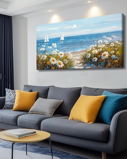 PHAOHUAXM Home Decor Printing Canvas Picture Blue Ocean Landscape Painting Wall Art For Living Room Farmhouse Dinin Mural White Flowers Bedroom Office Wall Decoration Artwork Easy To Hang 20x40 In