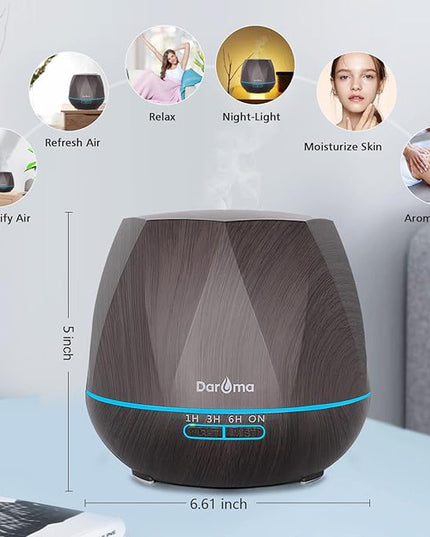 550ml Essential Oil Diffuser, DAROMA Upgraded Remote Control 6 in 1 Aromatherapy Ultrasonic Cool Mist Humidifier, 7 Color Changing Mood Lights & Waterless Auto-Off for Home Office Gift, Dark Wood