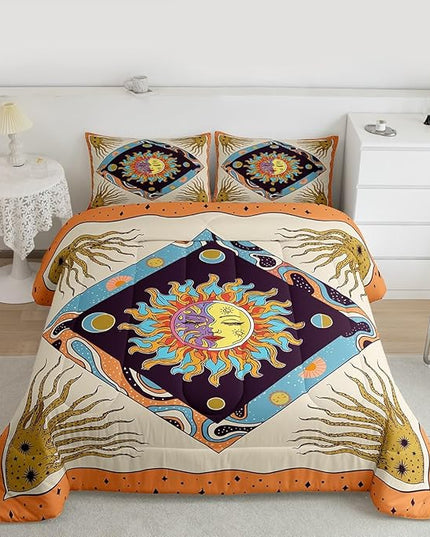 Sun Moon Trippy Comforter Set Twin, Star Galaxy Boho Exotic Bedding Set 2pcs for Kids Teens Adults Room Decor, Geometric Creative Quilt Set, Colorful Bright Duvet Insert with 1 Pillowcase