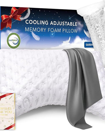 Cooling Side Sleeper Pillow for Neck and Shoulder Pain, Luxury Shredded Memory Foam Curved Bed Pillows for Sleeping Set of 1- Adjustable Queen Size- Washable Cover Crescent White&Extra Grey Pillowcase