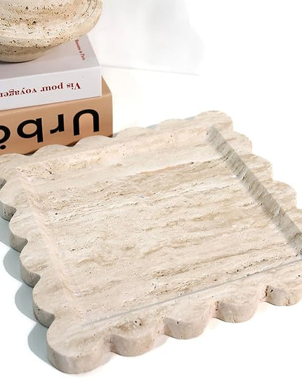 Natural 100% Marble Vanity Tray Luxury Scalloped Marble Tray, Travertine Tray for Home Decor Bathroom Kitchen Candle Key (Square-9.8 * 9.8-Beige Travertine)