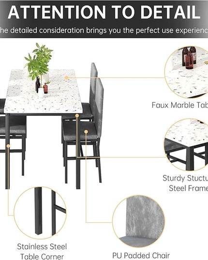 AWQM Dining Table Set for 4, Modern Marble Dining Table Set with 4 Upholstered Velvet Chairs,Dining Room Table Set for Kitchen, Breakfast Nook, Dining Room, Grey