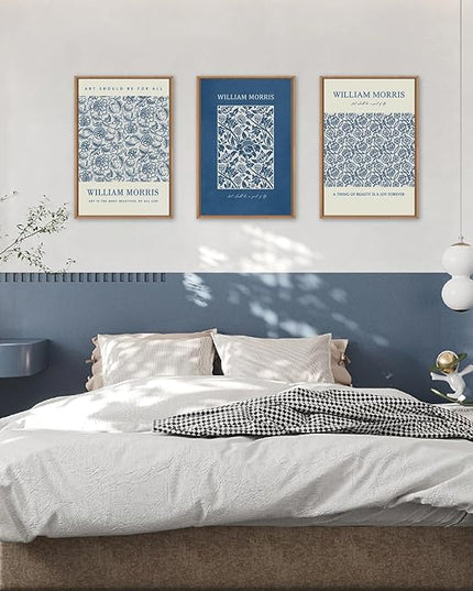HOURIA William Morris Floral Framed Canvas Wall Art Set,Navy Blue White Flower Wall Decor,Retro Textured Botanical Artwork,Modern Neutral Blossom Art Print for Living Room,Bedroom,Office-16 x24 x3