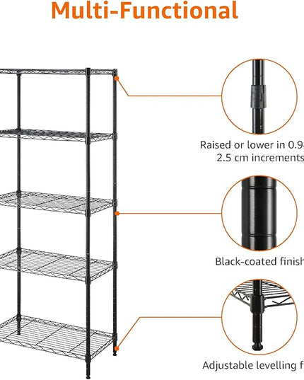 Amazon Basics 5-Shelf Multipurpose Adjustable Sturdy Steel Storage Shelving Unit, Easy Assembly, 13.4" D x 23.2"W x 60"H, Black
