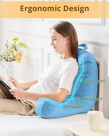 Sasttie Reading Pillow, Velvet Back Pillow for Bed Sitting Up, Adult Back-Rest Support Cushion with Arms for Sit Up on Couch, Sofa, and Floor, Dorm Essentials, Reading Accessories, Blue
