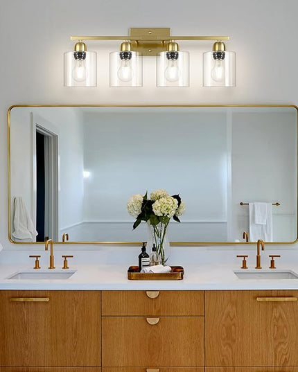 Modern Brushed Gold 4 Light Bathroom Light Fixtures, 24 inch Vanity Lights for Bathroom with Clear Glass, Bathroom Vanity Light for Mirror Kitchen Living Room Hallway Cabinet Porch