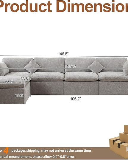 155''Cloud Boneless Sectional Couch, Modular Sectional Sofa Deep Seat with Ottoman, Oversized Upholstered Convertible Comfy 5 Seater Chenille Sofa L Shape Couches for Living Room, Light Grey