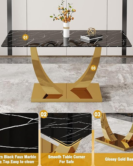 63” Dining Room Table Set for 6,Modern Gold Dining Table Set for 6 with PU Leather Chairs,Black Faux Marble Dinner Table Set with Tempered Glass Top and Golden Base