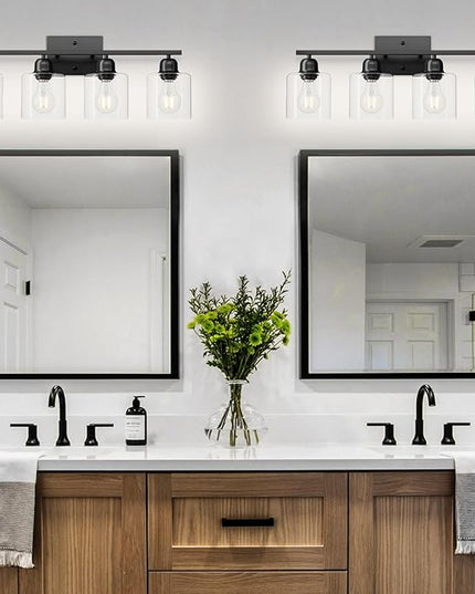 Modern 4 Light Bathroom Light Fixtures, 24 inch Black Vanity Lights for Bathroom with Clear Glass, Bathroom Vanity Light for Mirror Kitchen Living Room Hallway Cabinet Porch