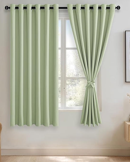 JIUZHEN Light Green Blackout Curtains with Tiebacks Thermal Insulated, Light Blocking and Noise Reducing Grommet Curtains for and Living Room, Set of 2 Window Curtain Panels, 70 x 63 Inch Length