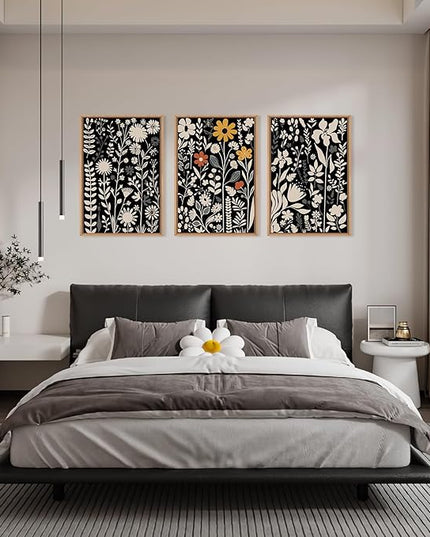HOURIA Large Moody Boho Floral Framed Canvas Wall Art Set,Mid Century Black Flower Leaf Wall Decor,Retro Dark Wildflower Artwork,Minimalist Botanical Art Print for Living Room,Bedroom,Office-16"x24"x3