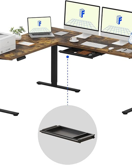 FLEXISPOT L Shaped Standing Desk, 71 x 63 Inch Electric Height Adjustable Corner Desk, Sit Stand Computer Workstation, Preset Controller, Home Office, Black Frame with Rustic Brown Top, Black Drawer