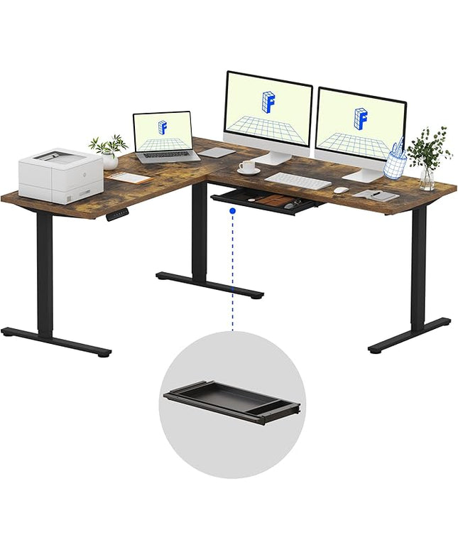 FLEXISPOT L Shaped Standing Desk, 71 x 63 Inch Electric Height Adjustable Corner Desk, Sit Stand Computer Workstation, Preset Controller, Home Office, Black Frame with Rustic Brown Top, Black Drawer