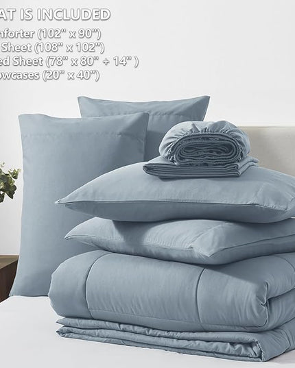 CozyLux King Size Comforter Set Grayish Blue, 7 Pieces Bed in a Bag, Dusty Blue Comforter King Size, All Season Bedding Sets with Stitch Quilted Comforter, Flat Sheet, Fitted Sheet, Pillowcases