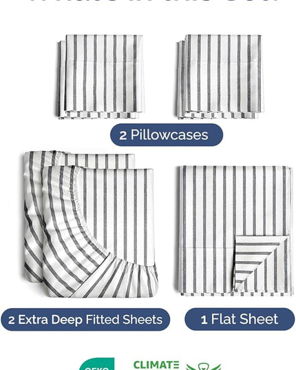 Extra Deep Split King Sheet Set - 7 Piece Breathable & Cooling Sheets - Hotel Luxury Bed Sheets Set - Easy Fit - Soft, Wrinkle Free & Comfy Sheets Set - Grey Striped Sheet Set w/Extra Deep Pockets