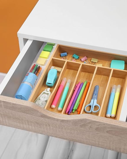 Kitchen Bamboo Silverware Organizer, Kitchen Drawer Organizer - Utensil Holder and Cutlery Tray with Grooved Drawer Dividers for Flatware 7 Slot, Natural