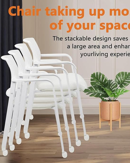 CLATINA Stacking Office Chairs with Wheels | Mesh Back, Thicken Leather Seat and Streamline Armrests, Ergonomic Lumber Support | School, Desk, Guest Reception, Waiting, Conference | Set of 8, White