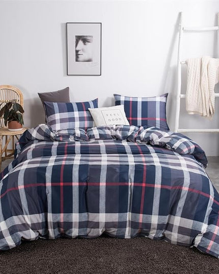 CLOTHKNOW Blue Plaid Full Size Comforter Sets 3Pcs Tartan Bedding Comforter Sets All Season Blue Red Grey Grid Comforter with 2 x Pillow Cases