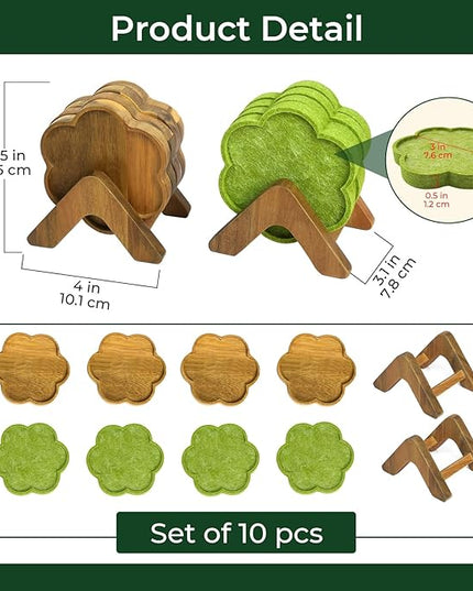 Coasters Set of 8, 3-Inch Flower Coasters with 2 Wooden Holders 4 Wooden and 4 Felt Pads, Heat-Resistant Drink Coasters for Mugs, Wine Glasses (8 Pcs Total)