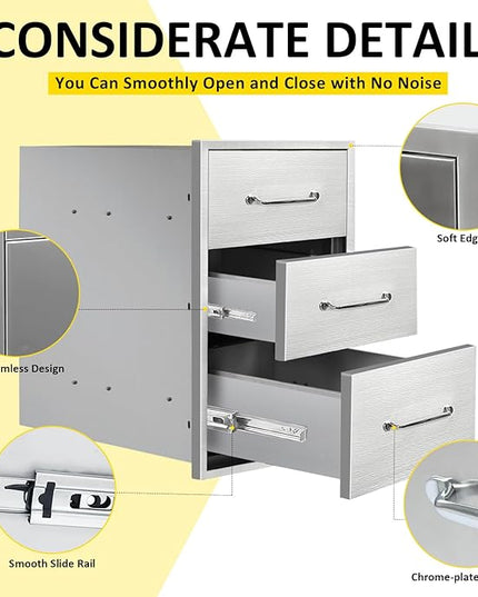 Outdoor Kitchen Drawers 14" W x 21"H x 21"D Stainless Steel Drawer Flush Mount Triple BBQ Drawers with Chrome Handle for Outdoor Kitchen Island, Patio Grill Station