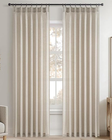 Pinch Pleated Linen Curtains 108 Inches long for Living Room 2 Panels Set Oatmeal Flax Pleat Drapes Back Tab Semi Sheer Fall Cozy Boho Ceiling to Floor 108 Inch Curtains for Bedroom Window,9FT